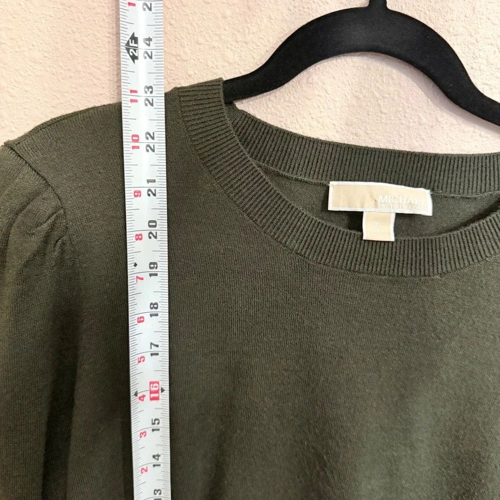 Michael Kors Womens XL Olive Green Puff Sleeve Button Shoulder Crewneck Sweater